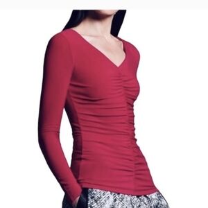 NWT Narciso Rodriguez Fitted Ruched V-Neck Long Sleeve Top - Hot Pink